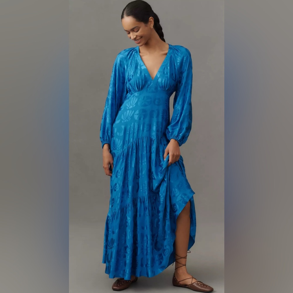 NWT FARM Rio Long-Sleeve V-neck Jacquard Maxi Dress in a gorgeous blue, size MP